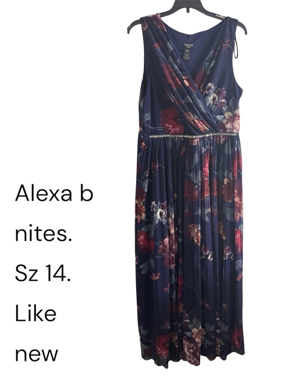 Alexa B Navy Floral Maxi Dress with Beaded Waist